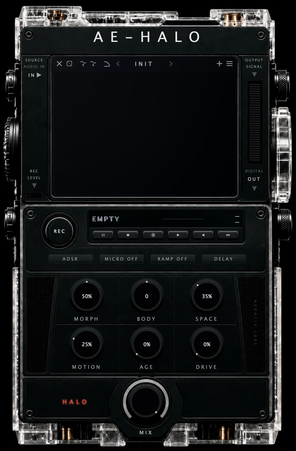 The AE-HALO plugin window, front on: display, record button, transport keys, six knobs and the mix dial