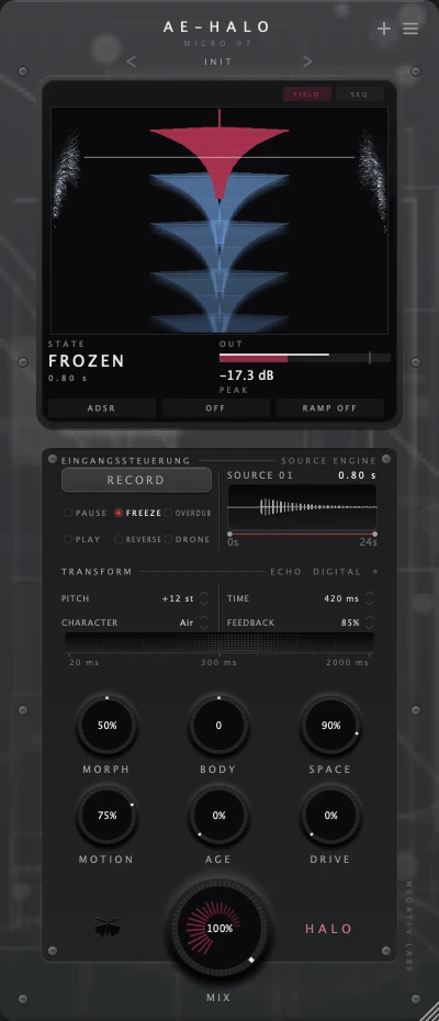 The HALO plugin window: a frozen voice fragment in the display above the record, transform and echo controls