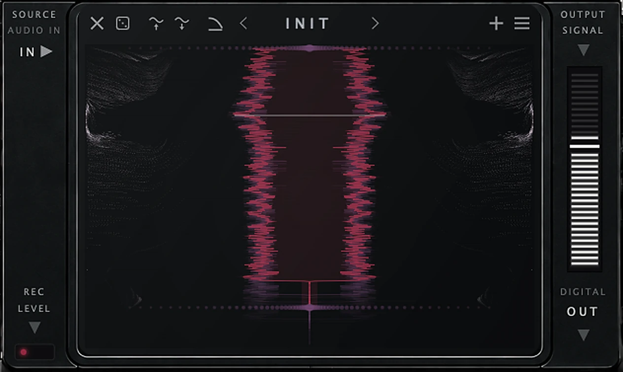 The HALO display: a frozen fragment drawn as a mirrored red waveform, the output meter beside it