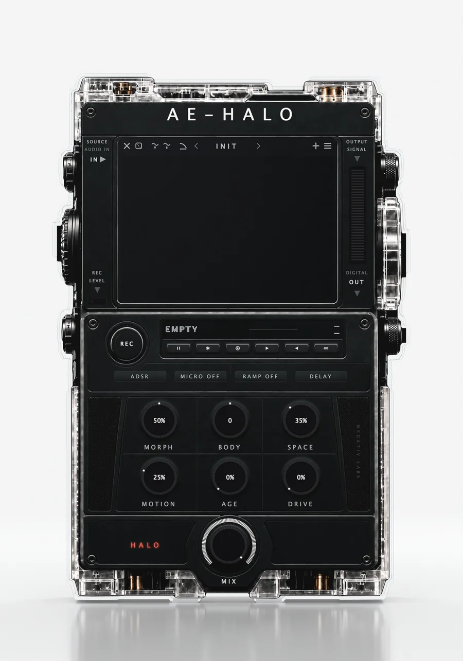 HALO: the device, with its screen, REC button, six knobs and the MIX dial