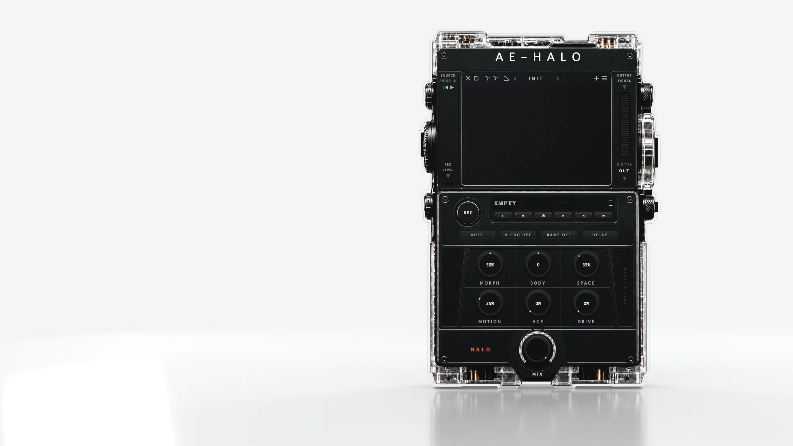 AE-HALO standing in a white studio: a black chassis in a clear acrylic case, seen front on
