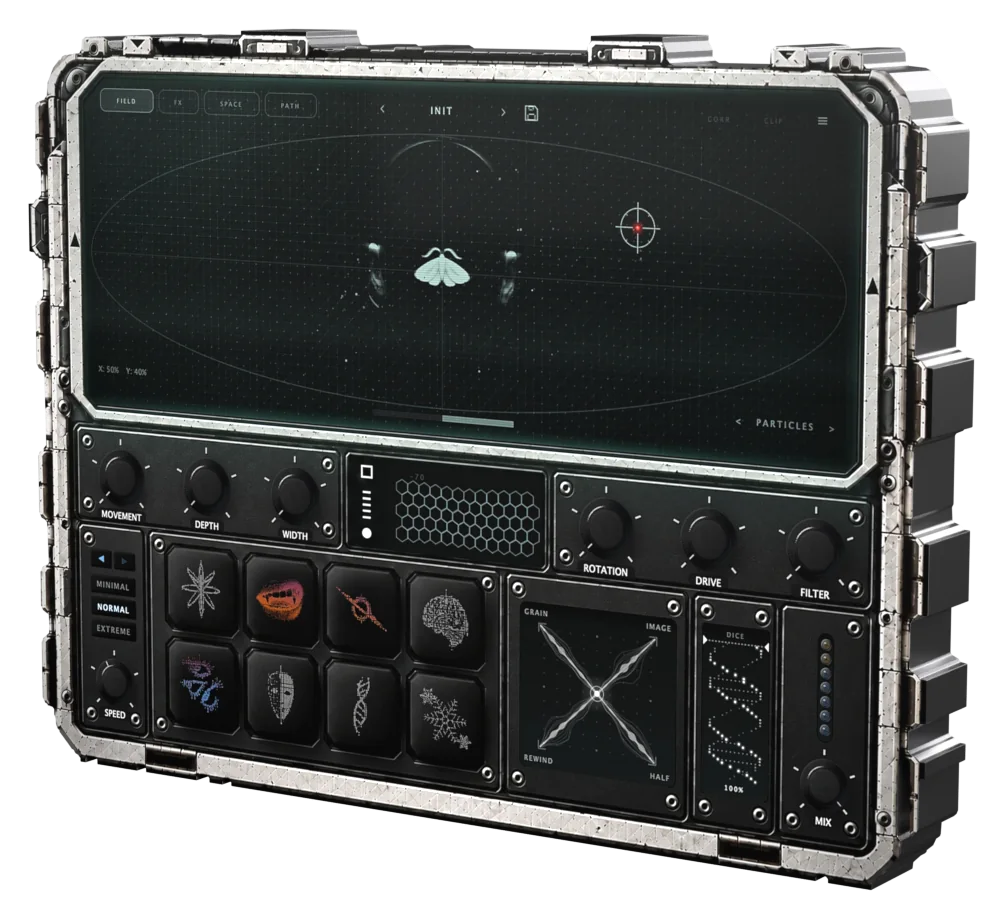 VECTOR turned toward the text: the field screen with the moth on its orbit, the knobs, the effect pads, the grain pad and the dice, in a riveted steel frame