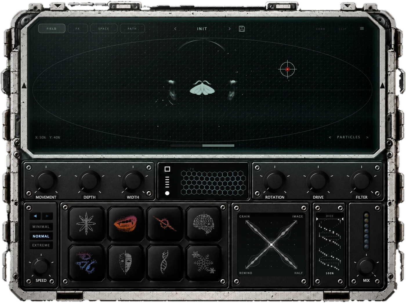 VECTOR: the field screen with the moth on its orbit, six knobs, eight effect pads, the grain pad and the dice